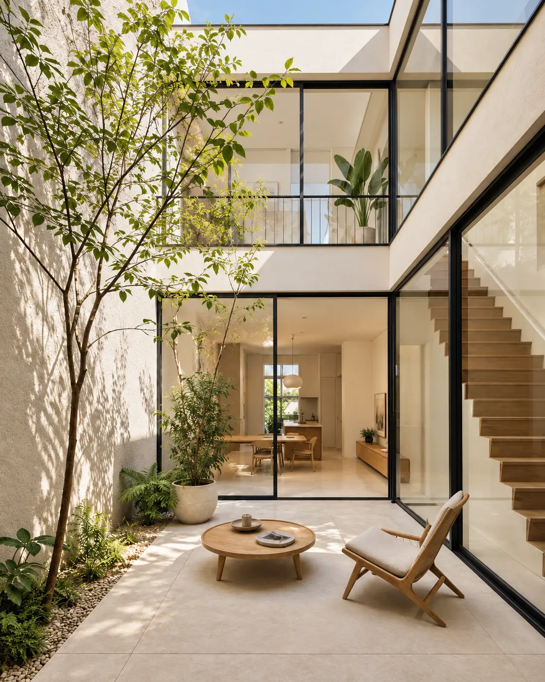 Patio interior de la vivienda con árbol, escalera de madera y salón al fondo